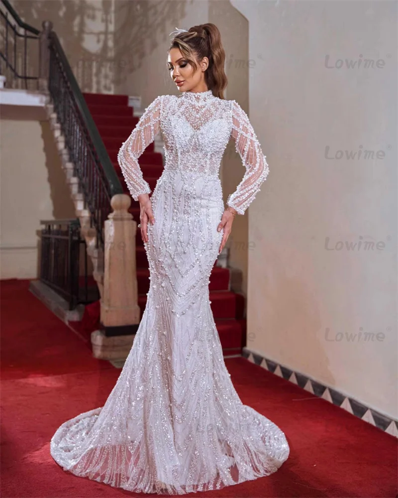 White Pearls Prom Dress Shiny Sequined Long Sleeves Mermaid Evening Gowns 2024 Ivory High Neck Formal Arabic Dubai Party Dresses