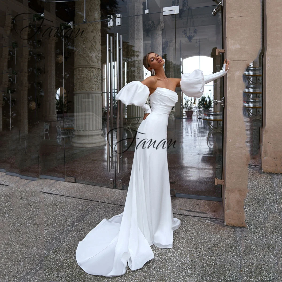 

Simple Puff Sleeve Wedding Dresses Satin Floor Length Mermaid Bride For Women Pleated Backless Strapless Gown