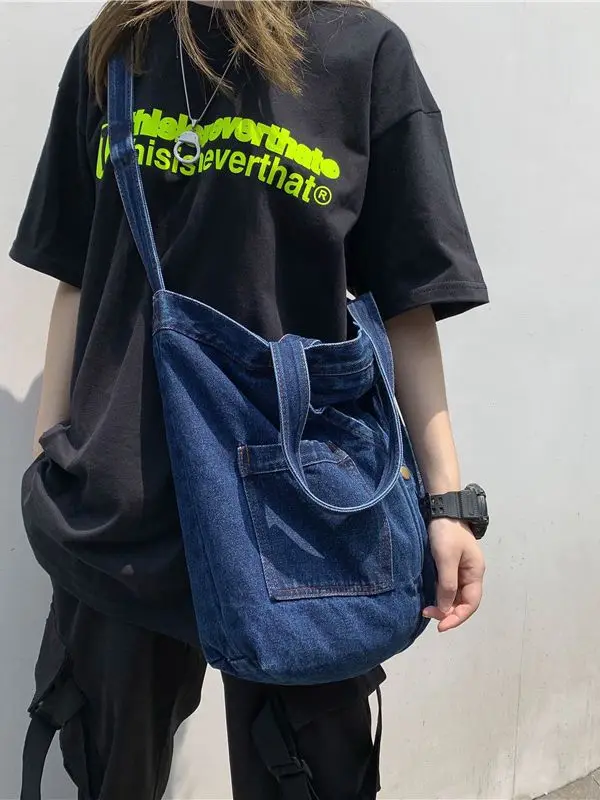 Women Denim Tote Bag Large Capacity MultiPocket Casual Shoulder Crossbody Handbag for Daily Shopping Work
