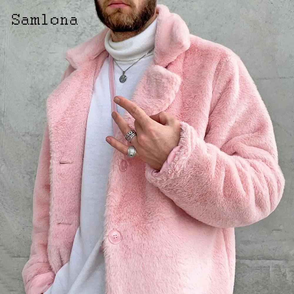 2025 Winter Wool Blend Jackets Pink Soft Plush Coats Men's Basic Top Outerwear Plus Size Mens Vintage Pocket Design Jacket New