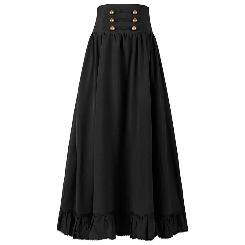 Women Maxi Skirt Vintage Edwardian High Waist A Line Victorian Long Skirt Steampunk Gothic Ruffled Hem Pleated Party Skirts