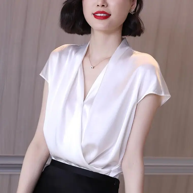 2024 Summer Beautiful Women\'s Blouses fashion Chiffon V Neck Women Blouses Satin Office Black Women Elegant Shirts Silk camisa