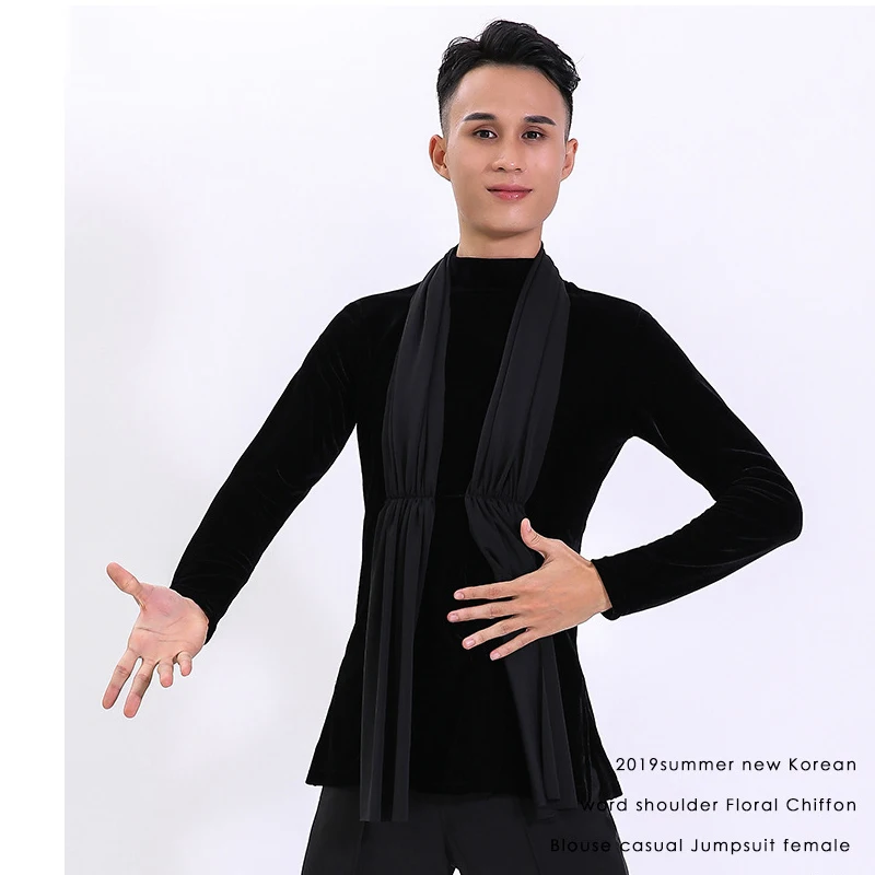Men\'S Latin Dance Shirt Long Sleeve Velvet Modern Dance Costume National Standard Dance Training Clothes Latin Costumes DN14330