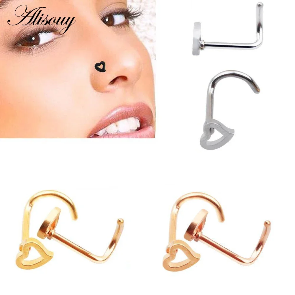 Alisouy 1 PC Stainless Steel Gold Color Black Nose Ring Earring Body Piercing Heart Shape Nose Studs Women Men Studs Jewelry