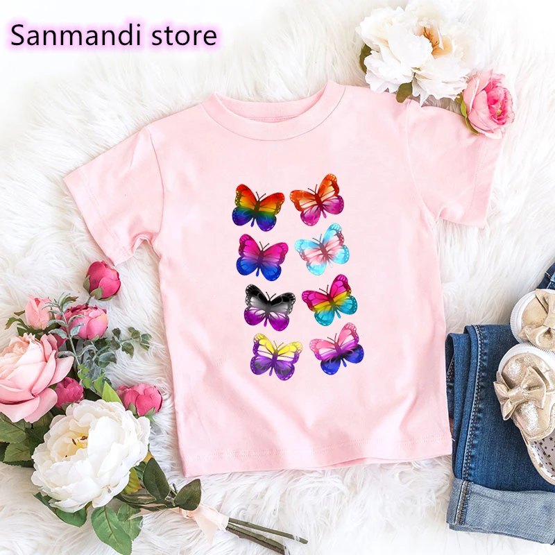 

Rainbow Butterfly Print Pink white Tshirt Tops For Girl Kids Clothes Funny T Shirt Harajuku Shirt Summer Children Clothing 3-13Y