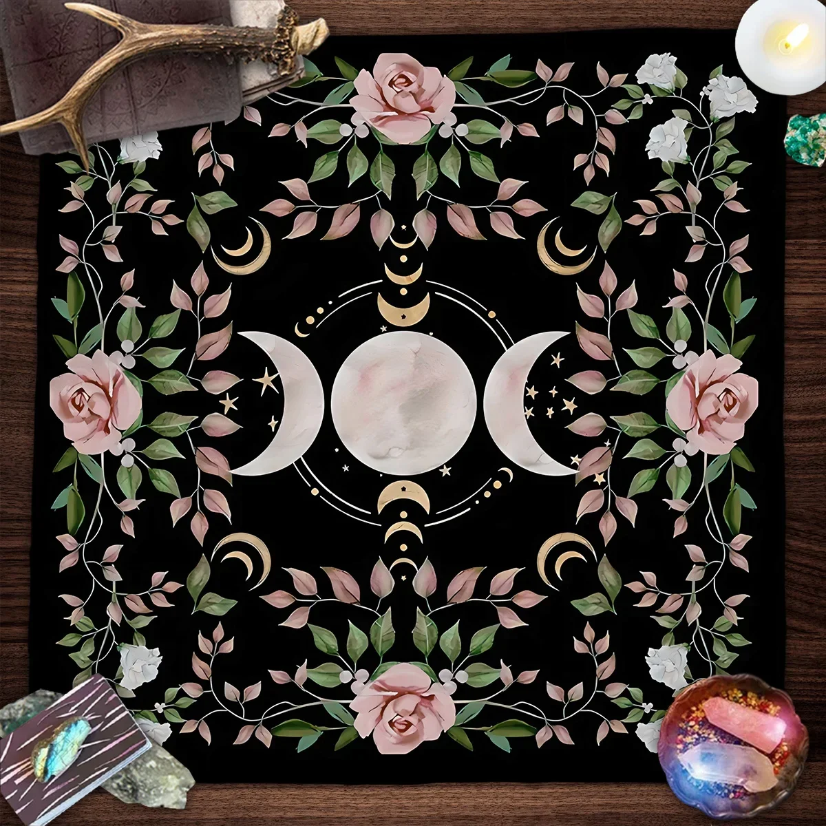 Tarot Cloth Velvet Suede Tarot Cothes Moon Altar Cloth Tarot Mat Pink Flower Witchy Decor Cottagecore Moon Phase Reading Mat