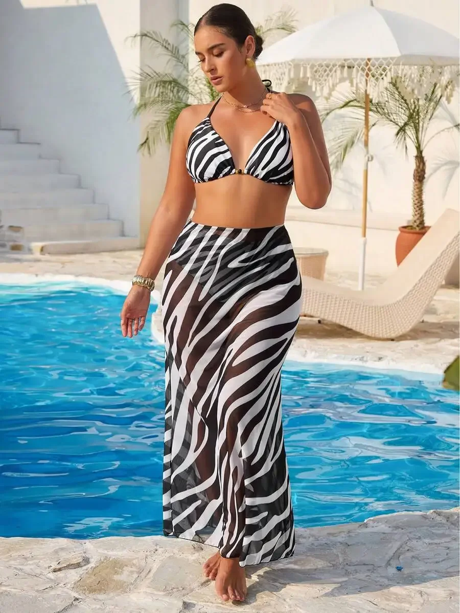 

Zebra Print Bikini Set With Sarong Skirt For Women Beach Pool Vacation Summer