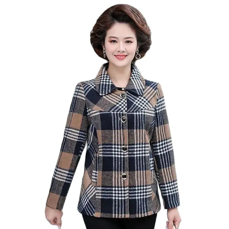 

Middle-Aged Elderly Women's Woolen Cloth Outerwear 2023 NEW Spring Autumn Coats Short Single Breasted Woolen Plaid Jacket Female