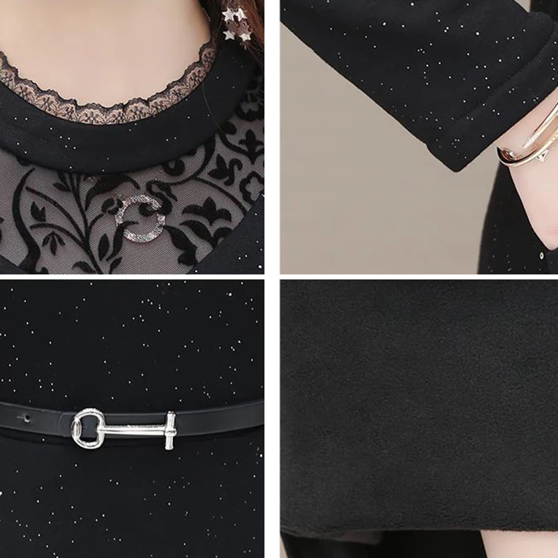 Lace Patchwork Vintage Dress 2024 Spring Fall Long Sleeve Sequin Party Dress Oversized Casual Knee-Length Vestidos With Belt