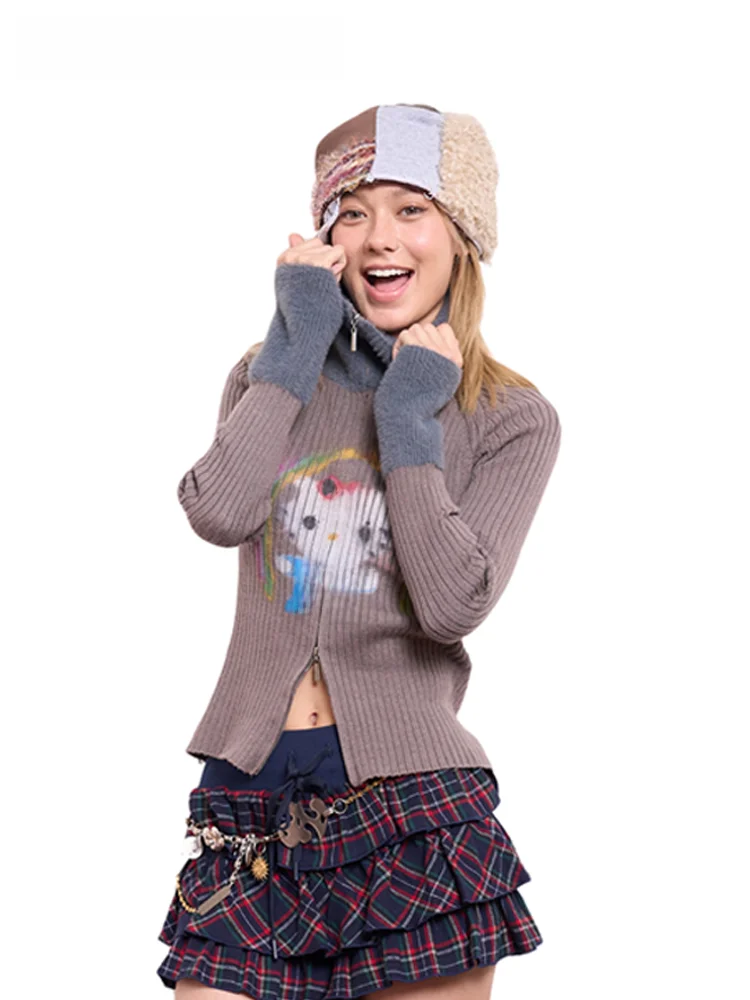 

Original Artist fiti Print Knitted Slim Fit High Collar Zipper Cardigan for Girls Casual Sle Long Sve Winter Outerwear