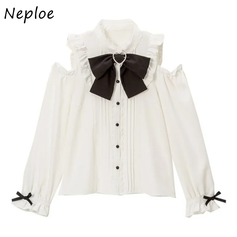 Neploe O Neck Lace Patchwork Bowknot Off-shoulder Shirts Vintage Blusas Mujer De Moda 2024 Long Sleeve Single-breasted  Blouses