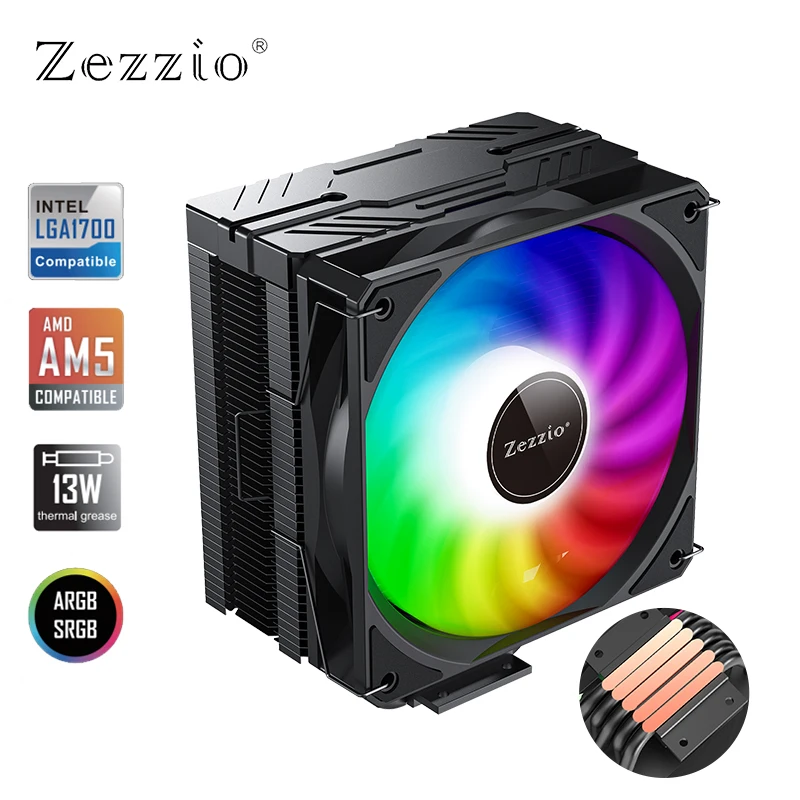 

Zezzio ZH-500K CPU Cooler 5 Heat pipe Radiator 5V 3PIN ARGB PWM Cooling Fan Intel LGA1700 115X 1200 20XX AMD AM5 AM4 Air Cooler