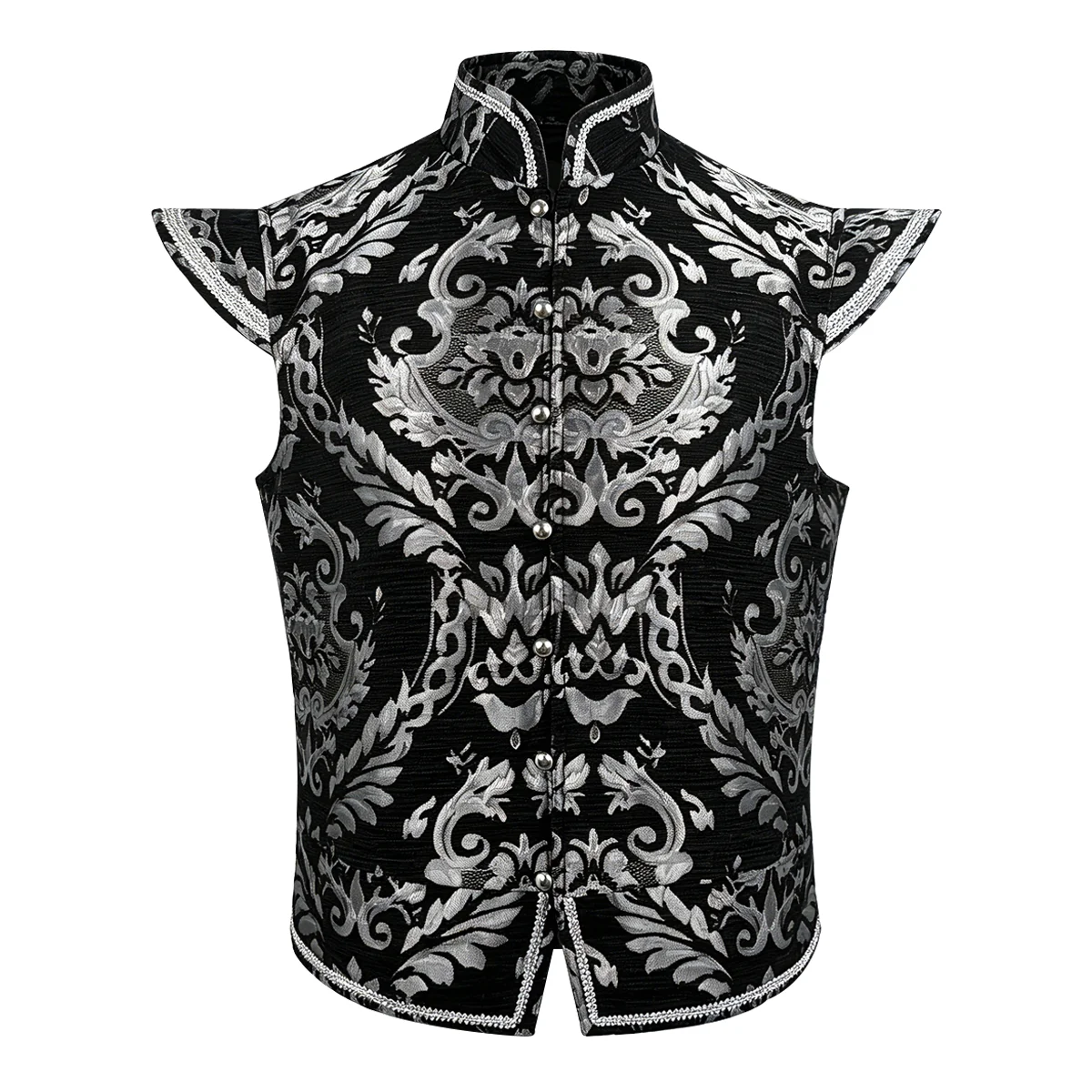 Chaleco gótico de hombre con estampado jacquard, estilo victoriano, con cuello alto, sin mangas, ideal para disfraces de Halloween y cosplay.