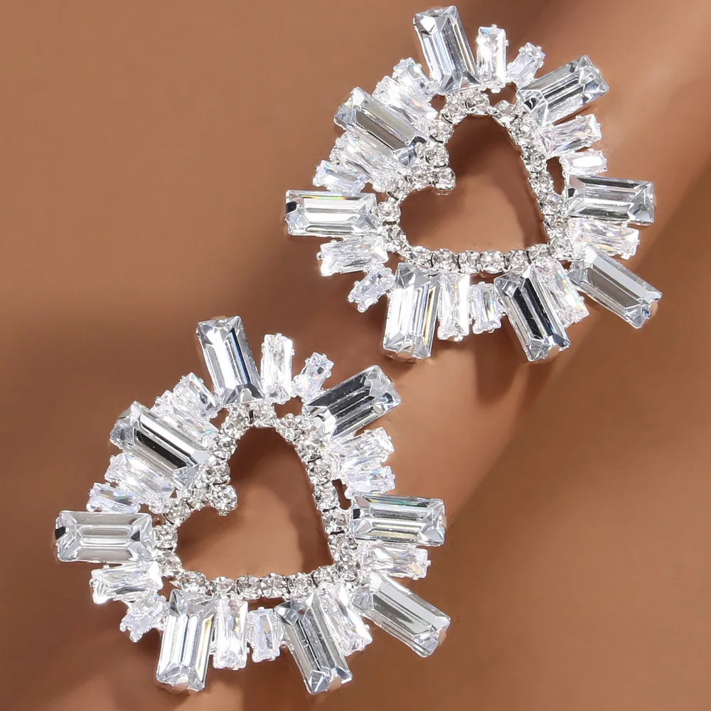 Stonefans Fashion Shiny Crystal Hollow Heart Earrrings for Women Classy Bridal Large Earrings Wedding Ear Jewelry Accessories