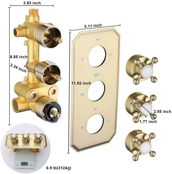 Thermostat isches Dusch umlenk ventil aus gebürstetem Gold Dusch mischer ventil Bad dusch ventil