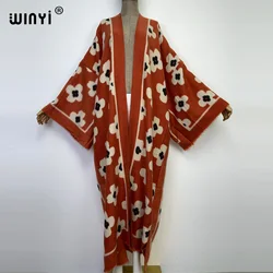 2023 WINYI winter Women elegant Vintage printing loose Dress Full Sleeve Casual warm Thick Warm Female Christmas Coats KIMONO