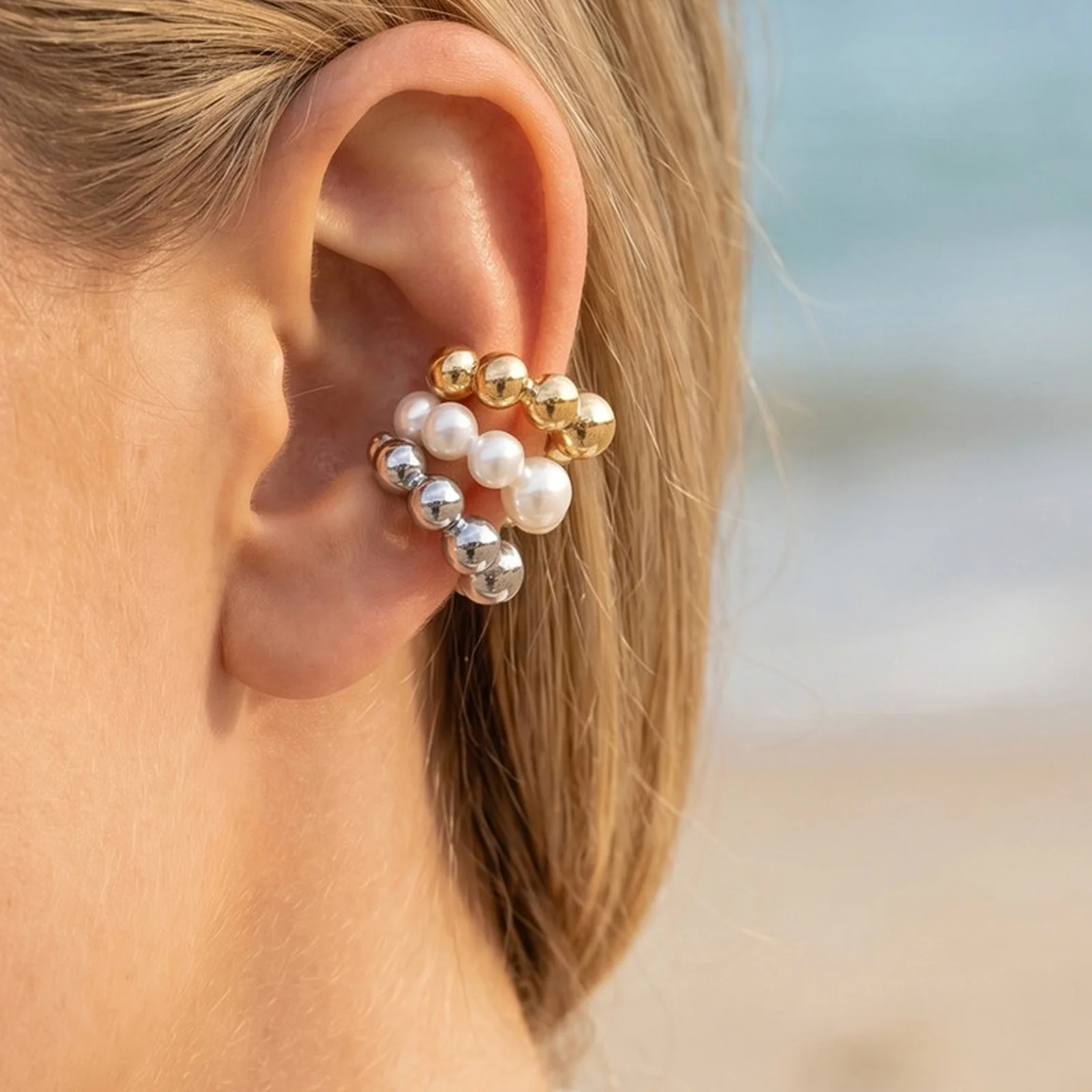 3-teiliges Set Nicht-Durchstochene Bubble-Ohrklemmen, Perlen-Ohrclips in Gold- und Silberfarben, Klobiger Statement-Schmuck im Minimalistischen Stil