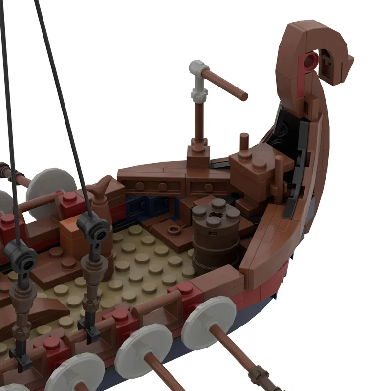 Wikinger Langschiff MOC Bausteine, Drachenkopf Kriegsschiff mit Holzstruktur, historisches Modell DIY für Sammler