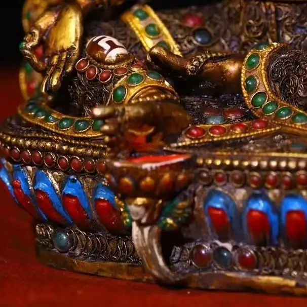 Old Tibetan Silver Outline in gold Mosaic Gem gZi Beads Green Tara Lotus Sitting Buddha Worship Hall