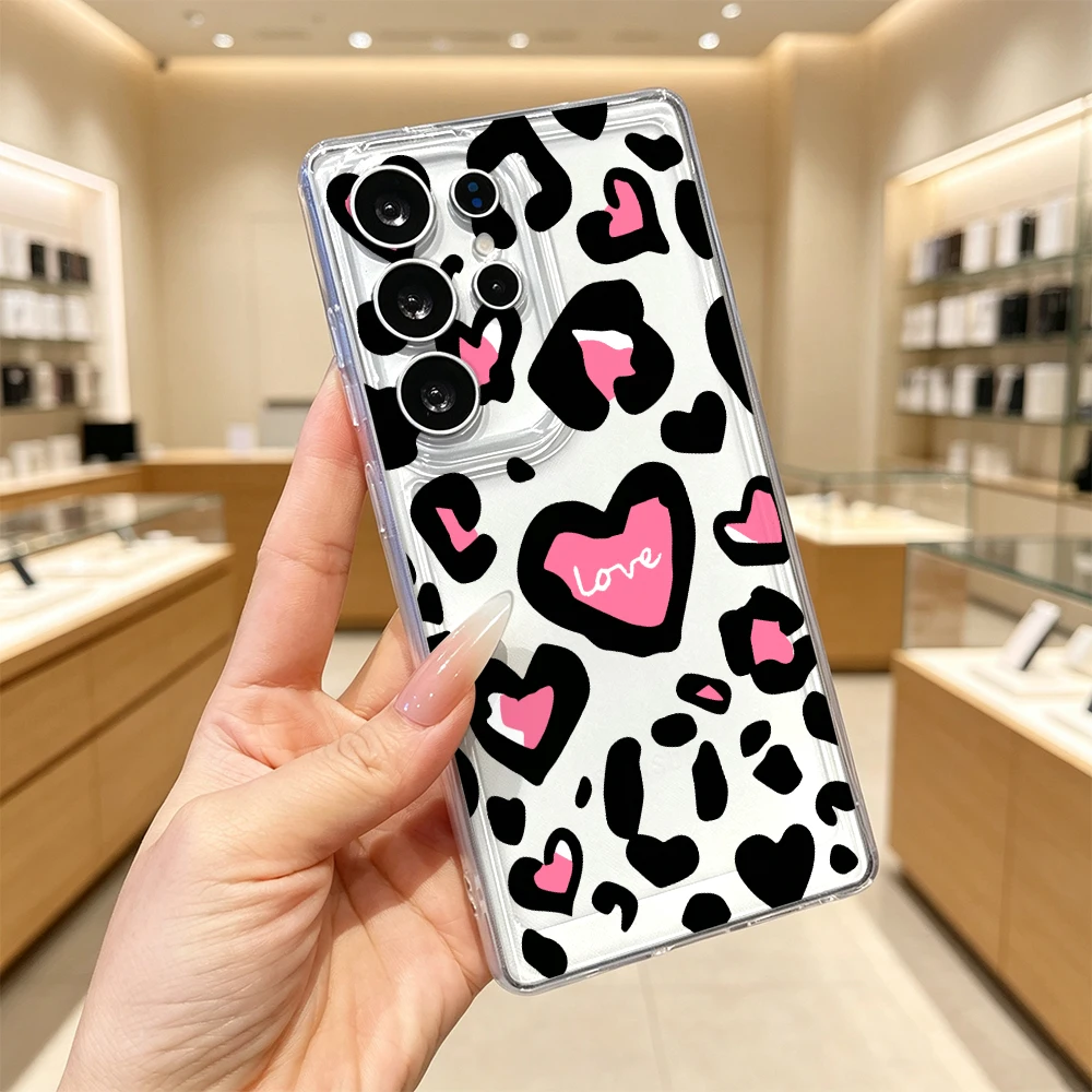 Pink Leopard Hearts Love Phone Case For Samsung Galaxy S26 S25 S24 Ultra S24 S23 S22 FE A15 A14 A25 A17 A27 A35 A54 A55 A57
