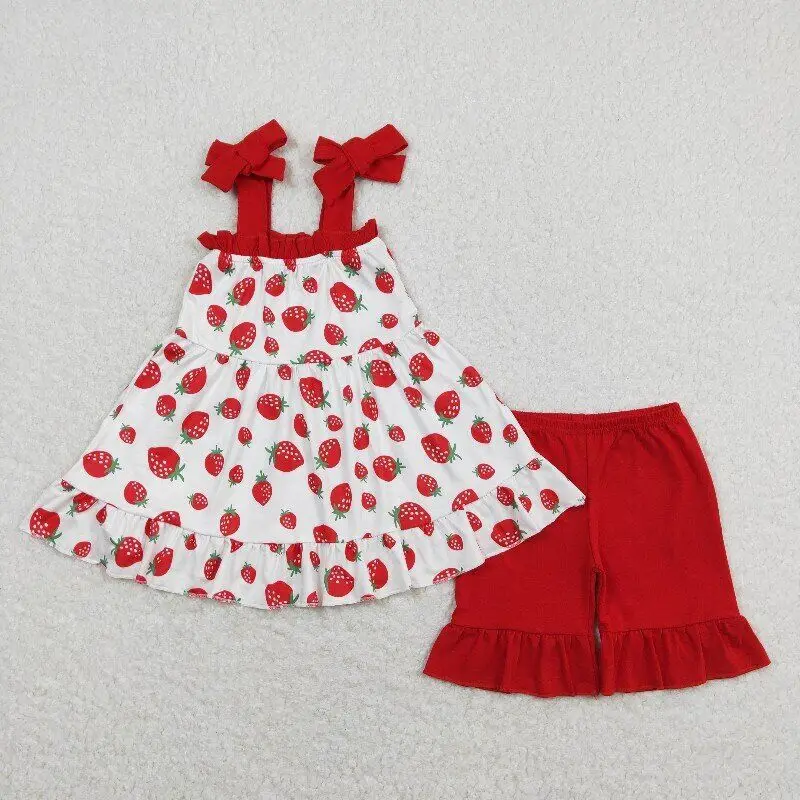 

RTS Baby Girls Wholesale Toddler Red Straps Strawberry Tunic Ruffle Cotton Shorts Spring Boutique Outfits Clothes Setshing