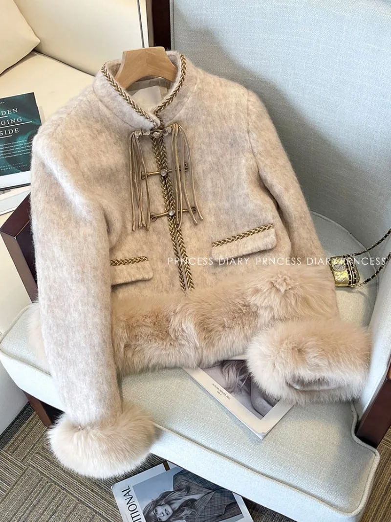 

New Chinese Celebrity Temperament Coat Pants Two-piece Set Women Stand Neck Strap Splice Plush Soft Glutinous Retro Warm Suit