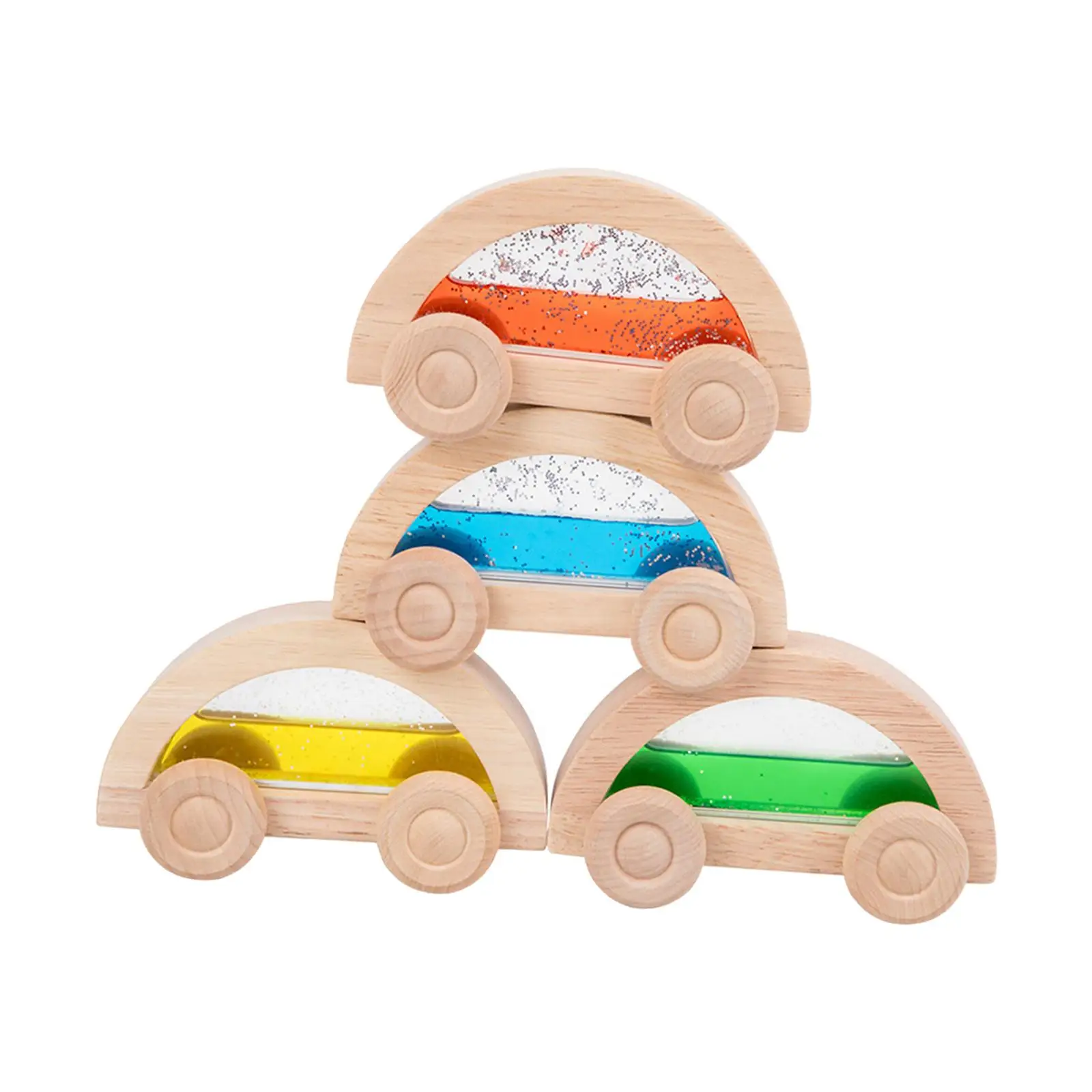 4Pcs Wooden Car Toy Rainbow Wooden Vehicle Early Learning Fine Motor Skills Colorful Valentines Day Gifts for Birthday Gift