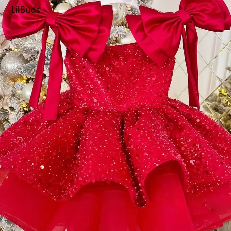 Red Sequins Dress Flower Girl Children Baptism Outfit Kids Birthday Party Tutu Vestidos Matching Elegant Big Bow Frocks Boutique