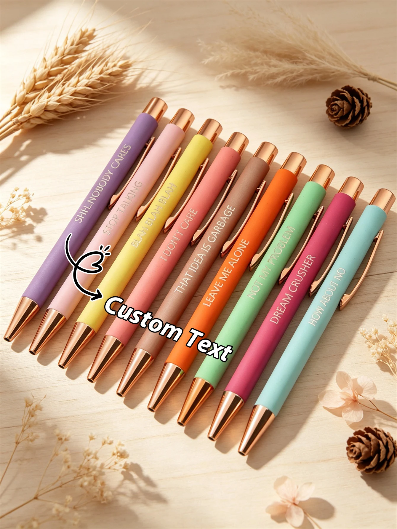 Macaron-Colored Custom Text Rose Gold Decorated Metal Pen Quote Carved Ballpoint High Aesthetic Writing Pen for Gifting And Dail