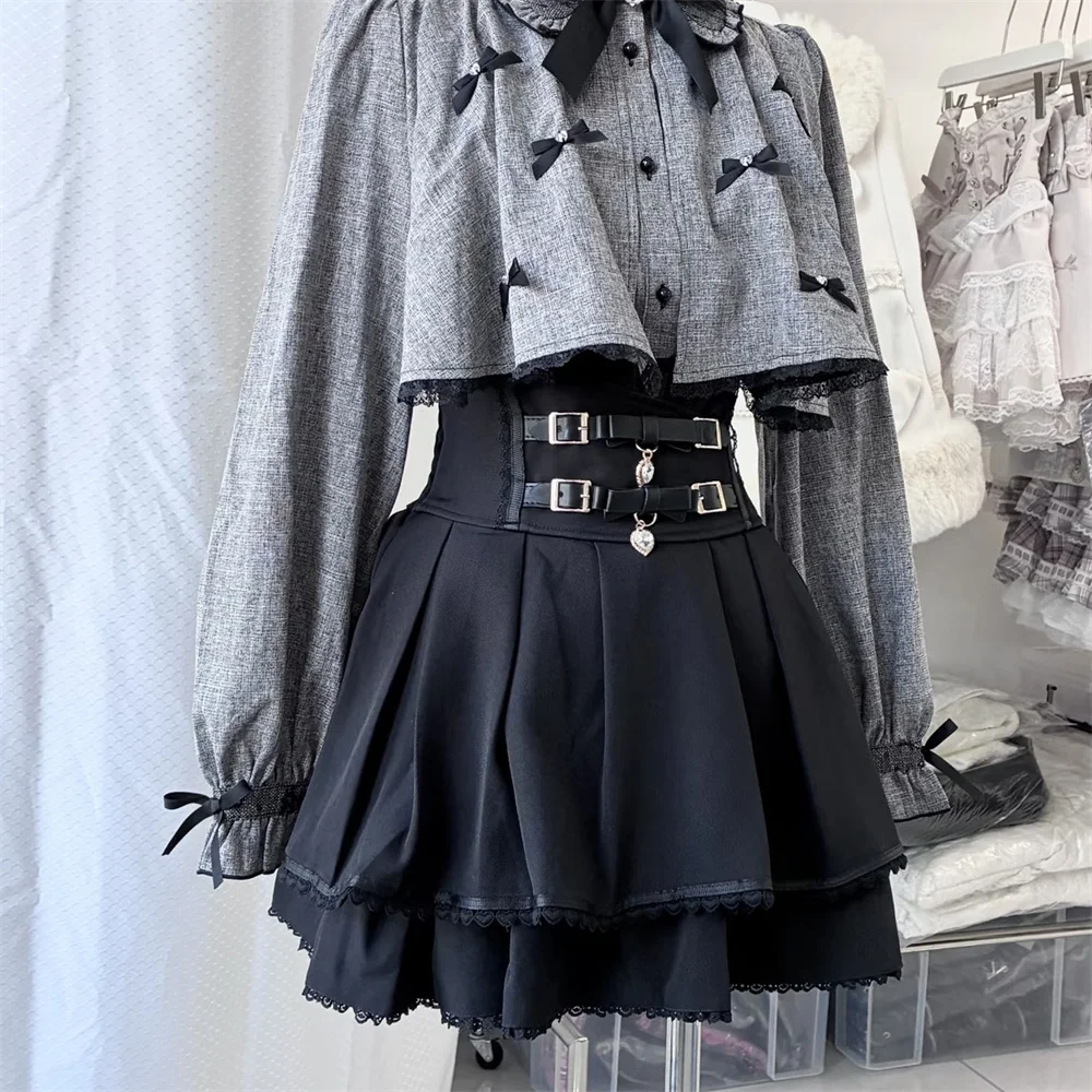 

Японская милая мини-плиссированная юбка Fairycore с двойным бантом, кожаная пряжка, кружевная юбка с высокой талией для девочек, милые мини-юбки в стиле Лолиты, шорты