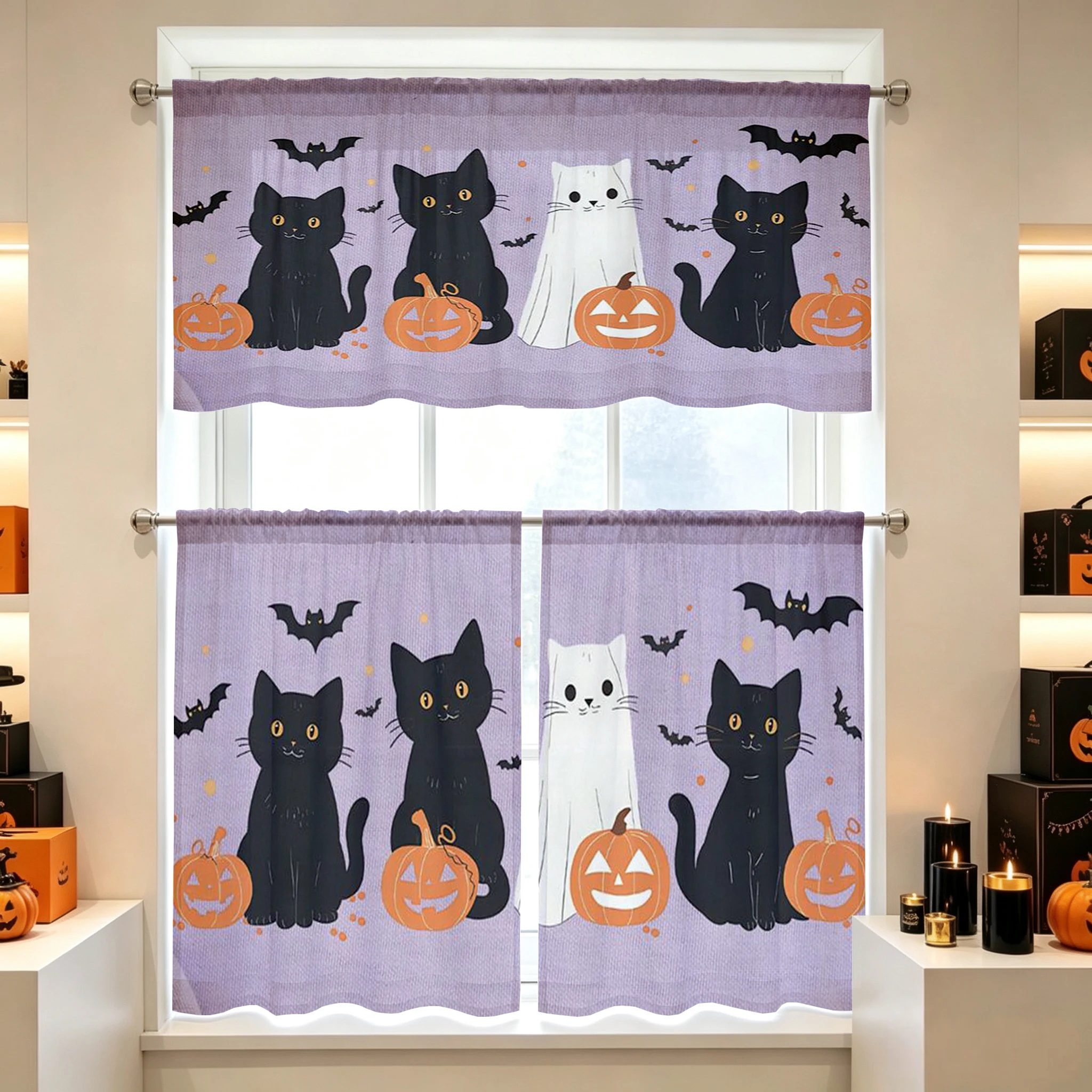 Halloween Fall Kitchen Curtains, Black Cat Ghost Pumpkin, Digital Print, Kitchen Dining Room, Rod Pocket Polyester, Home Decor