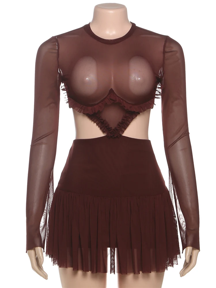 Weird Puss Waistless Pleated Hem Dress Women See Through Sexy Midnight Full Sleeve Coquette Clubwear Party Rave Mini Bodycon