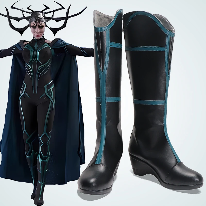 

Movie Hela Cosplay Shoes Boots Adult Green Shoes Villain Hela Role Play Halloween Carnival Party