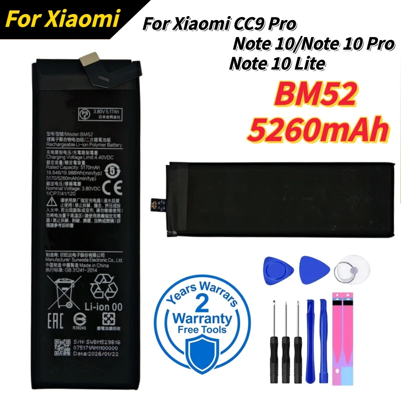 2026 Years 100% New High Quality Battery BM52 For Xiaomi Mi Note 10 Lite/Mi Note 10 Pro / CC9pro CC9 Pro Batteries Fast Shipping