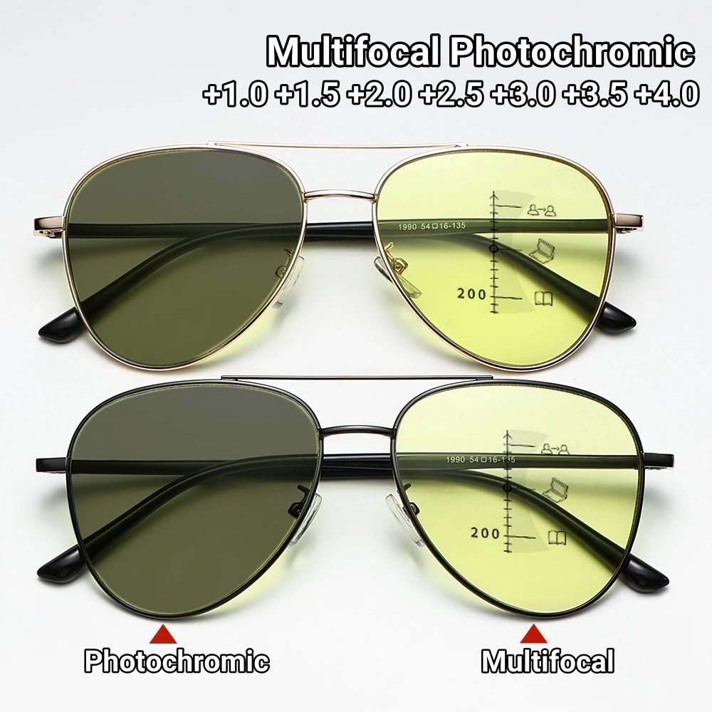 

Night Vision Photochromic Multifocal Reading Glasses Retro Double Beam Large Frame Presbyopia Glasses Anti Blue Light Eyeglasses