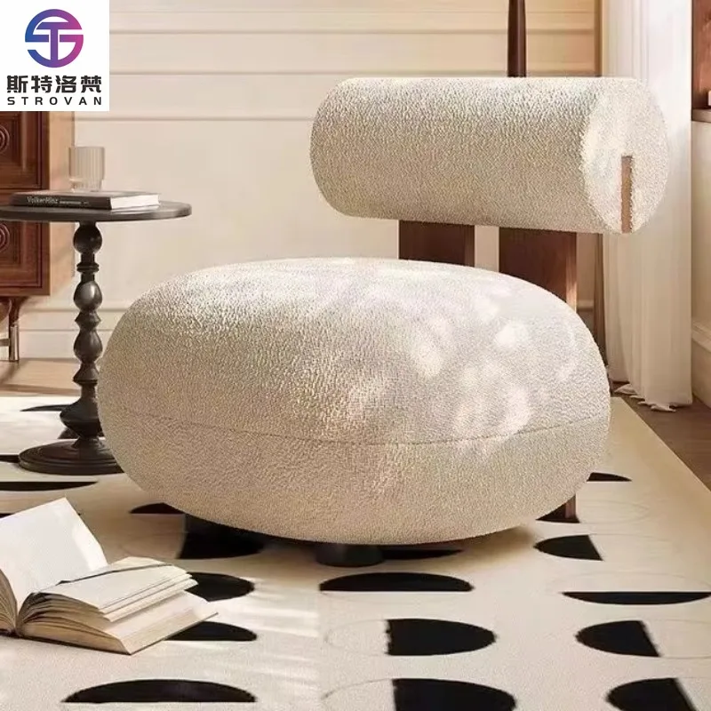 Simple Modern Cream Sherpa Hippo Sofa Chair Wooden Lazy Internet Celebrity Chair for Bedroom and Living Room