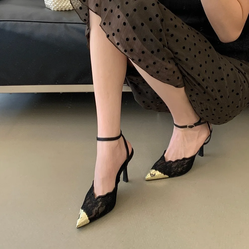 Aneikeh Elegant White Lace Slingback Stiletto Heels Pointed Toe Ankle Strap Buckle Sandals Wedding Party Ladies Dress Pumps