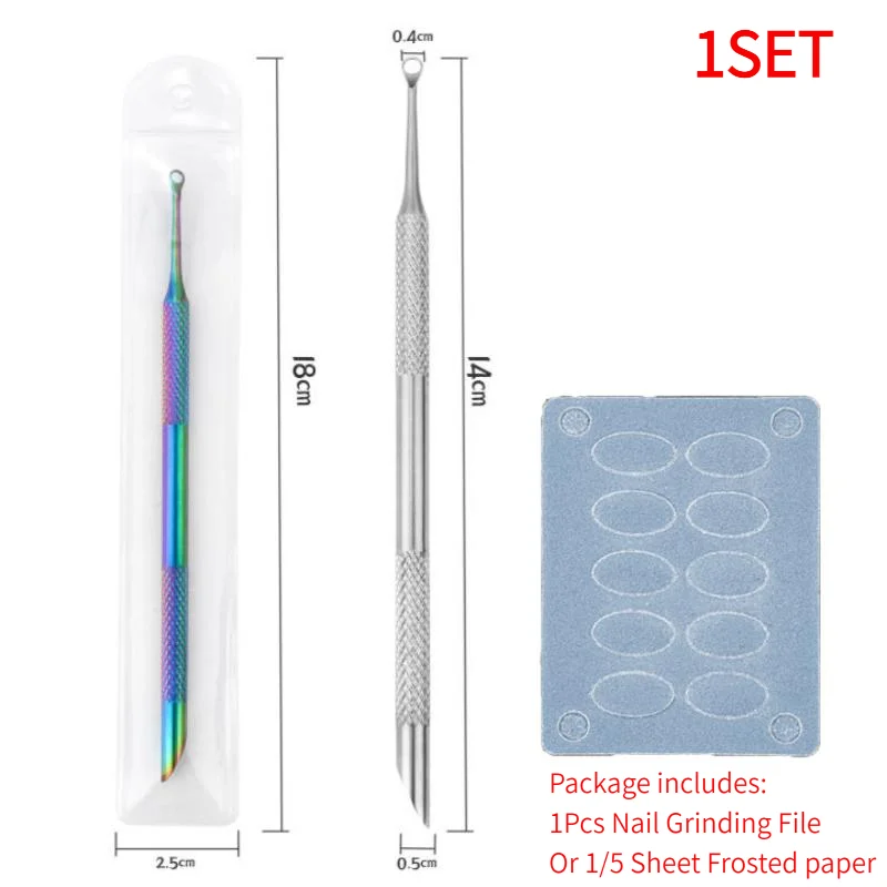 #1SET Double-ended Nail Beveled Head Cuticle Pusher Remover Stainless Steel Cuticle Remover Manicure Sticks Nail Grinding File