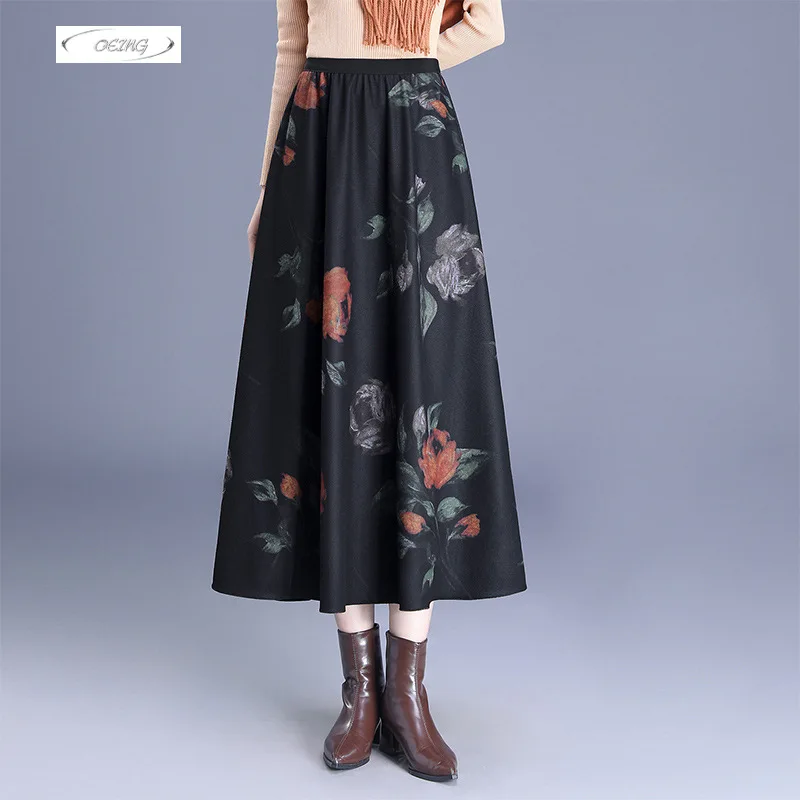 

Двусторонняя шерстяная вельветовая юбка А-силуэта с принтом для женщин, зимняя одежда, винтажная, элегантная, свободная, повседневная, толстая юбка для дам 65160