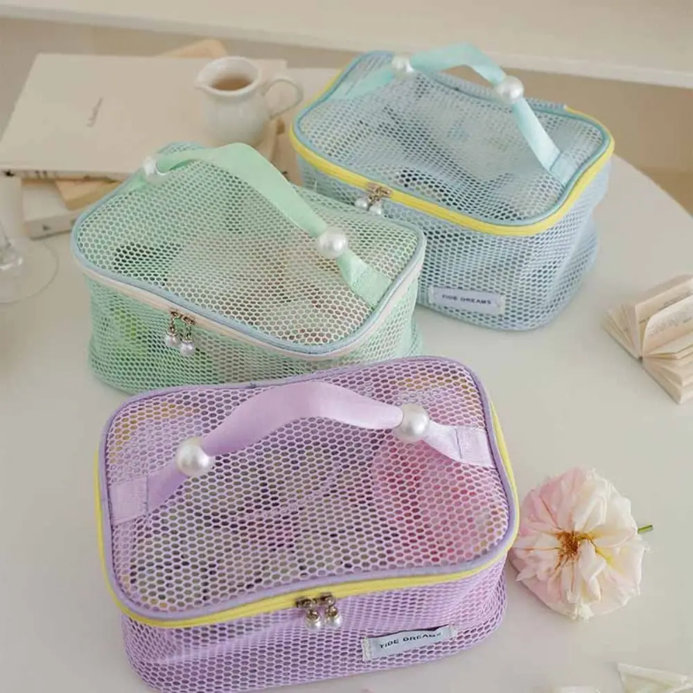 Solid Color Mesh Cosmetic Bag Zipper Storage Bag Transparent Makeup Bag Large Capacity Toiletry Bag Pillow Makeup Pouch Lady