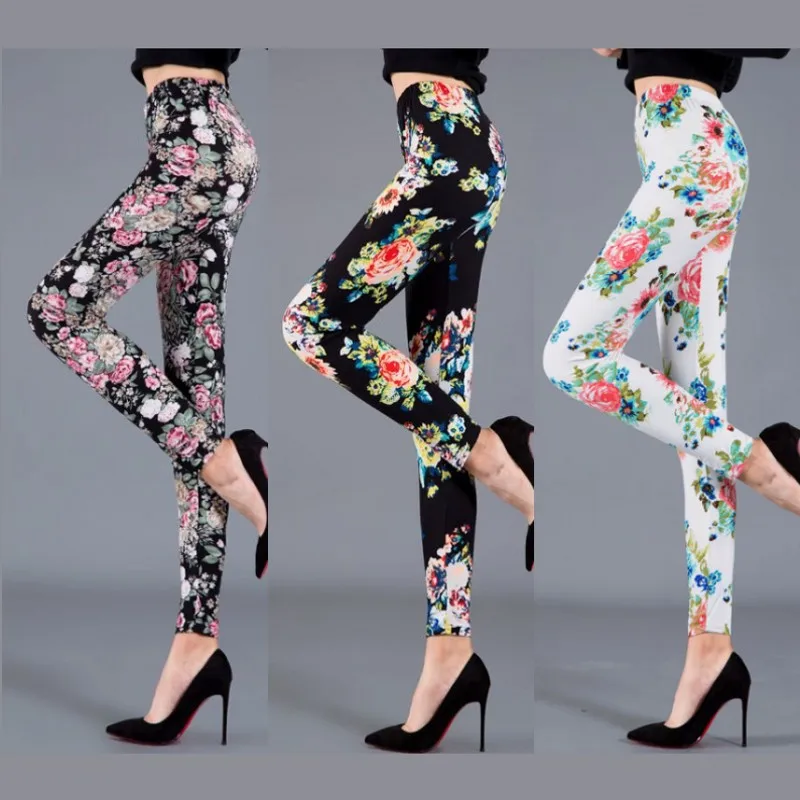 Flow flower print brushed milk silk, slim fit and slimming leggings Version Slim-fit Outerwear Leggings