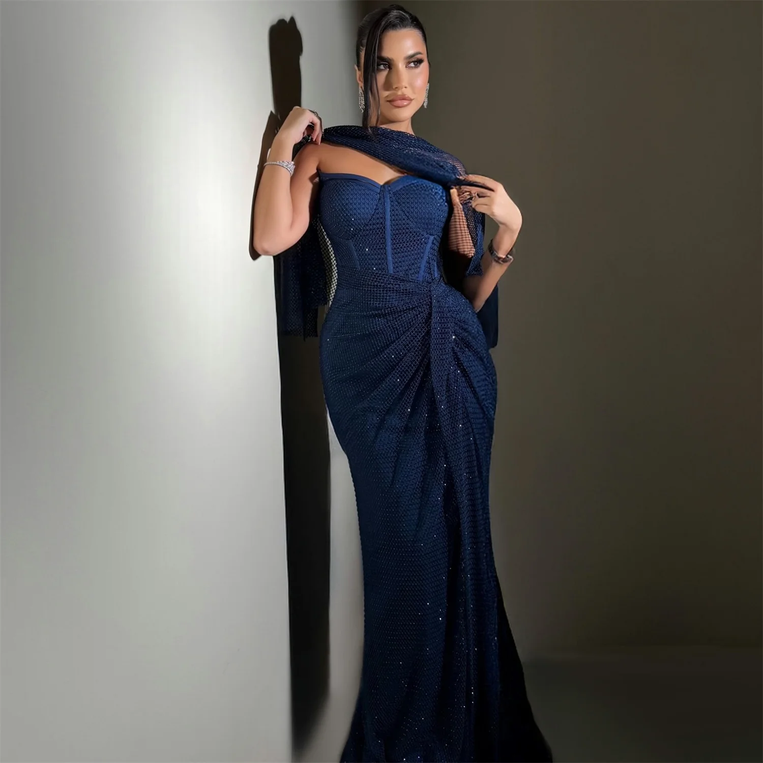 

EDECPBM Sequined Evening Dress Women Elegant European Design Navy Formal Events Party Customized Robes de Soirée New Collection