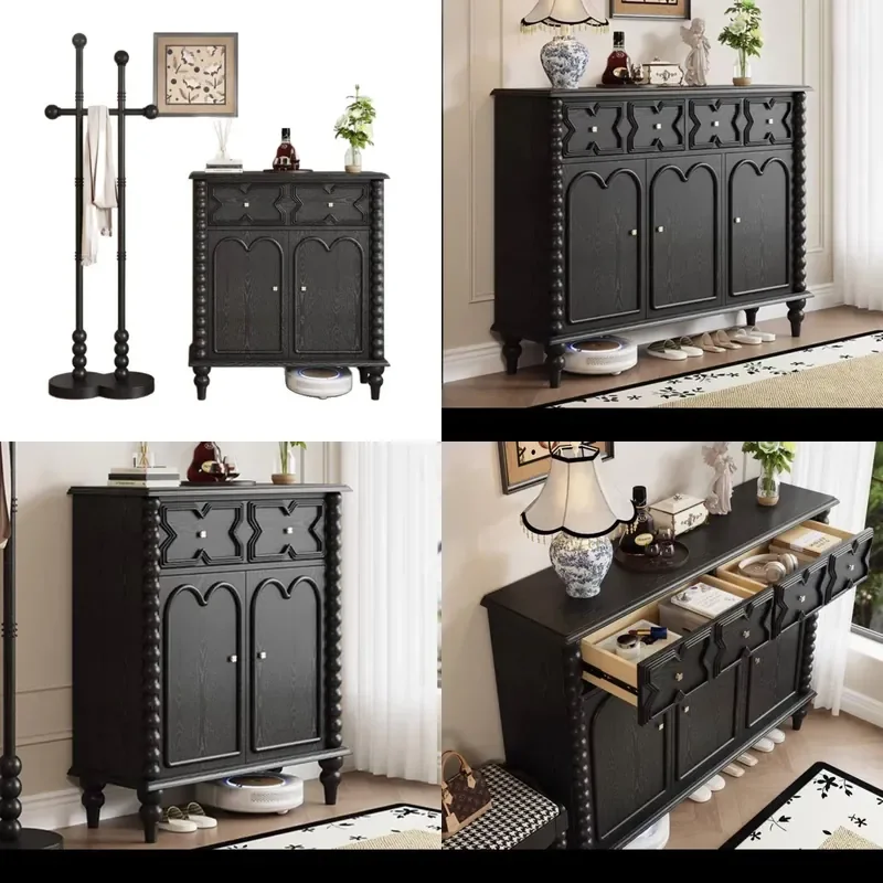 French Retro Solid Wood Shoe Cabinet Antique Black Floor to Ceiling Entryway Storage Unit Foyer Decorative Organizer
