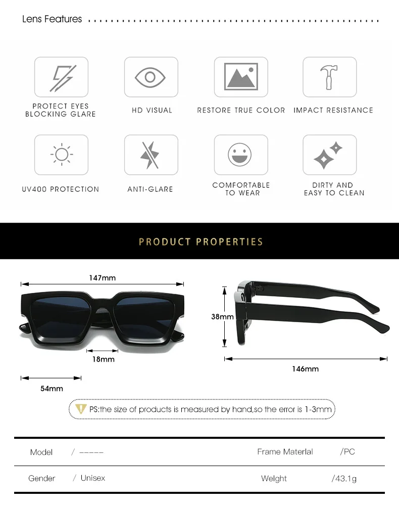 SHAUNA Ins Beliebte Damen Quadratische Sonnenbrille Retro Herren Getönte Farbtöne UV400 – Detail 5