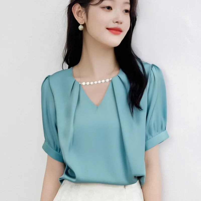 

Женские летние простые офисные женские однотонные рубашки с v-образным вырезом и короткими рукавами, женские модные темпераментные универсальные тонкие топы