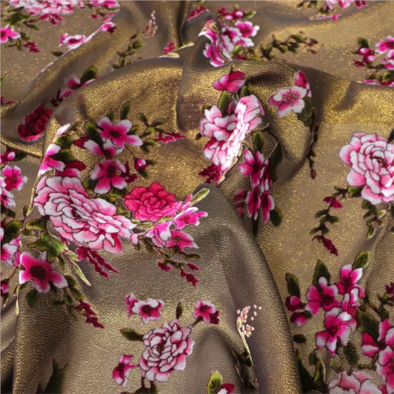 금색과 퇴색된 꽃무늬 벨벳 실크 치파오 드레스