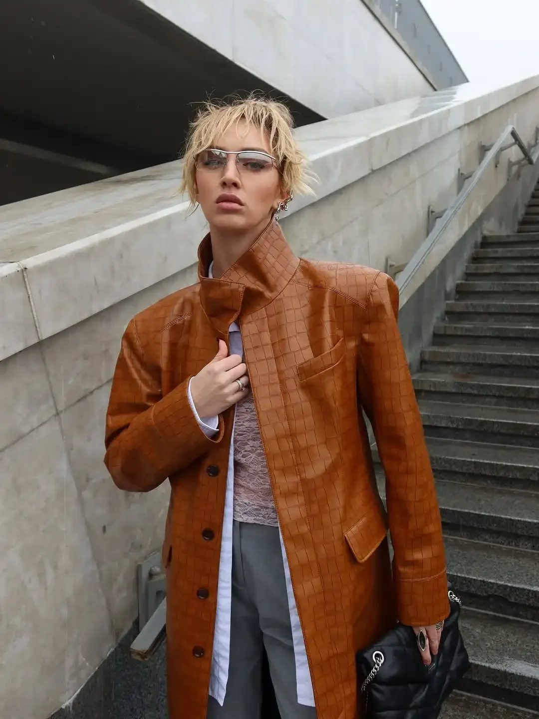 Leather Long Trench Coat Lapel Single Breasted Straight Long Front Pockets Women Vintage Autumn Winter
