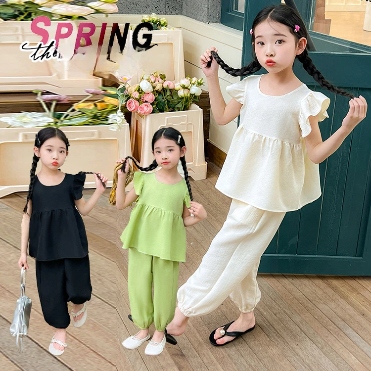 Kids Clothes Girl Summer Solid Tracksuit Children Butterfly Sleeve Top & Lantern Pants 2pc Set Teenage Fashion Outfit Sweet Suit