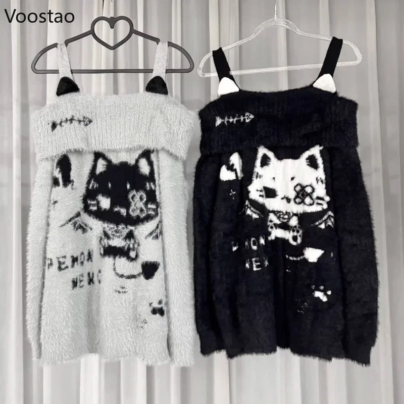 Y2k Aesthetic Cartoon Devil Cat Sweaters Women Streetwear Casual Loose Knitted Pullover Gothic Girls Off Shoulder Jumpers Tops
