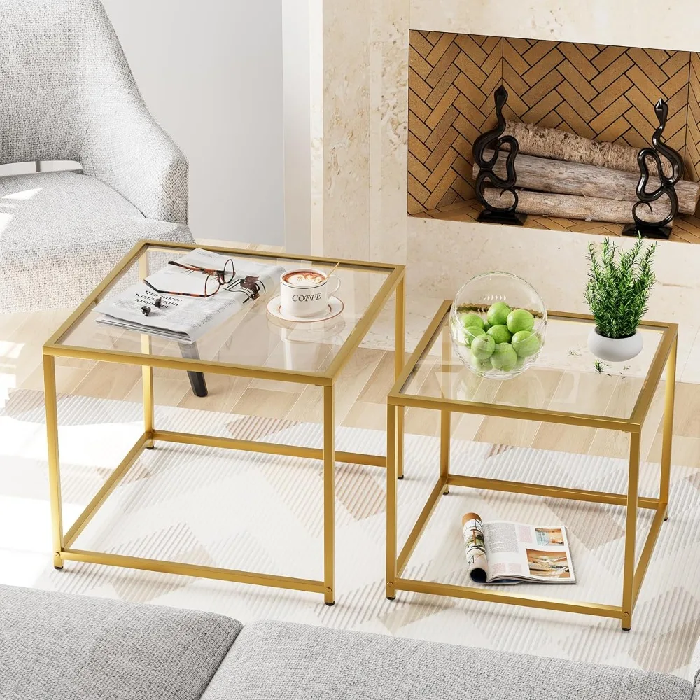 Ensemble de 2 tables basses, table d'appoint moderne en verre doré, table d'appoint carrée avec cadre en métal, tables centrales, table basse gigogne pour Livi